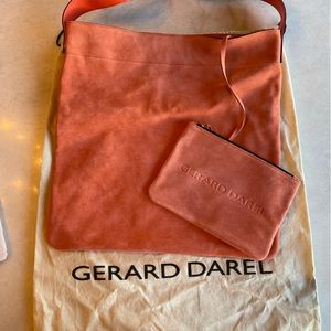 Gerard Darel Suede Lady Tote, salmon/coral. “Orange”, reads coral pink.  NWT